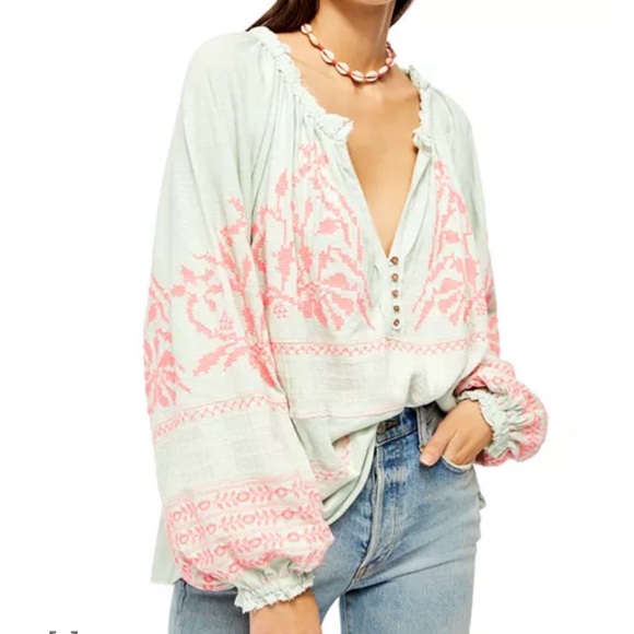 Free People Tops - Free People persuasion top Mint Green Tunic with Pink Embroidery size small. NWT